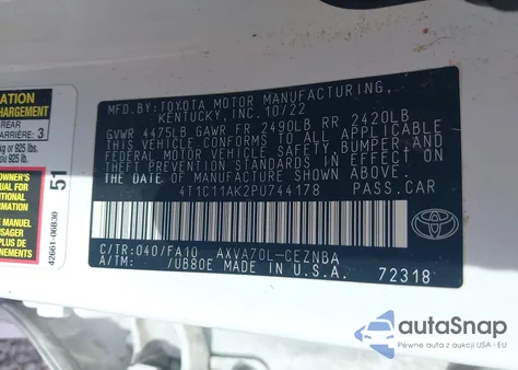 2023 Toyota Camry Le z USA, uszkodzony, nr VIN 4T1C11AK2PU744178